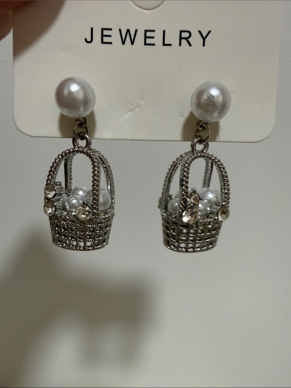 Pearl Top Silver-Tone Basket Drop Earrings